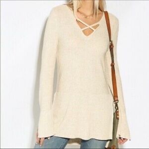 Free People Cream Sweater with Crisscrossed Neckline 😍